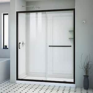 Infinity-Z 60 in. W x 76.75 in. H Sliding Semi-Frameless Shower Door in Matte Black with Clear Glass Right Drain Base