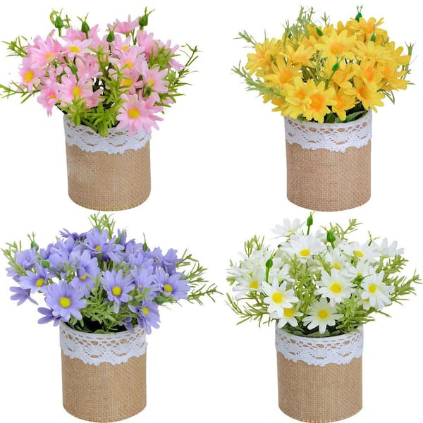 Afoxsos 8.00" Set of 4 Mini Potted Silk Daisy Flowers for Home Decor Wedding Office Tabletop Decoration