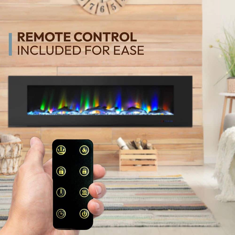 72-Inch Black Wall Mount Electric Fireplace with Multicolor LED Flames