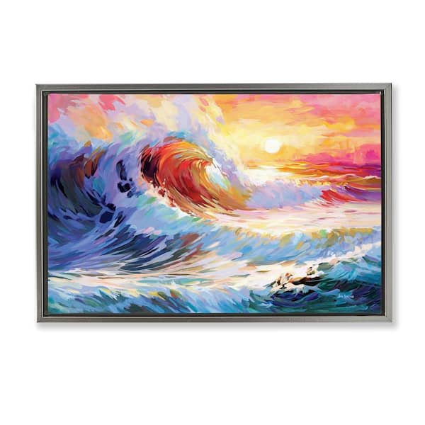Stupell Industries Sunrise over Ocean Wave by Leon Devenice Gray Floater Frame Coastal Graphic Art Print 21 in. x 31 in.