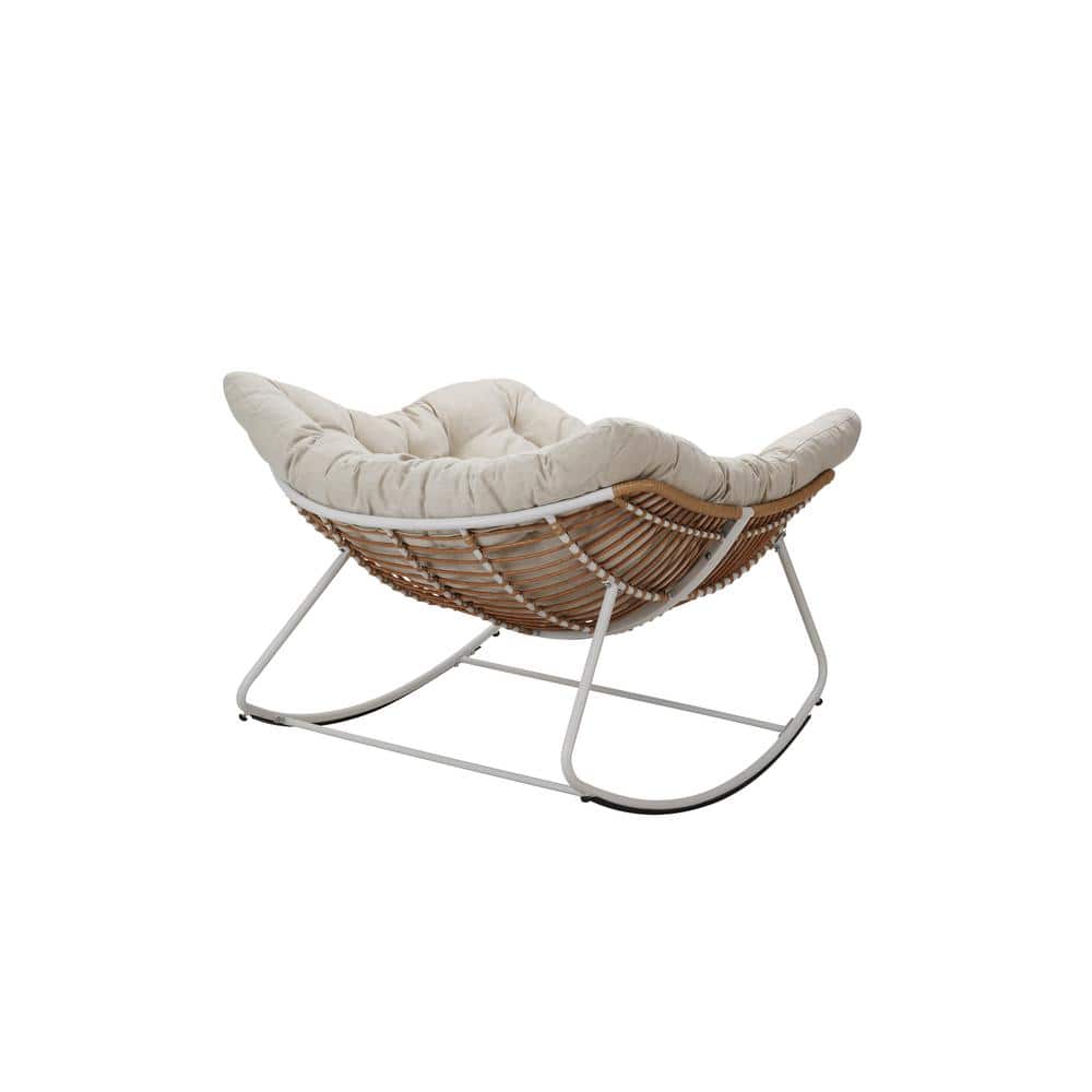 White Metal Outdoor Rocking Chair Rattan Rope Club Chairs with Beige Cushio