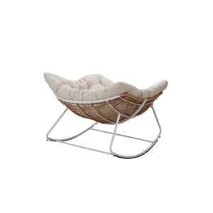 White Metal Outdoor Rocking Chair Rattan Rope Club Chairs with Beige Cushions