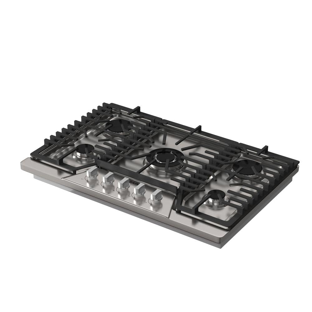 30 in. Gas Cooktop in Stainless Steel with 5 Sealed Burners, Cast Iron Grates, and Convertible Natural Gas/LP, Recessed
