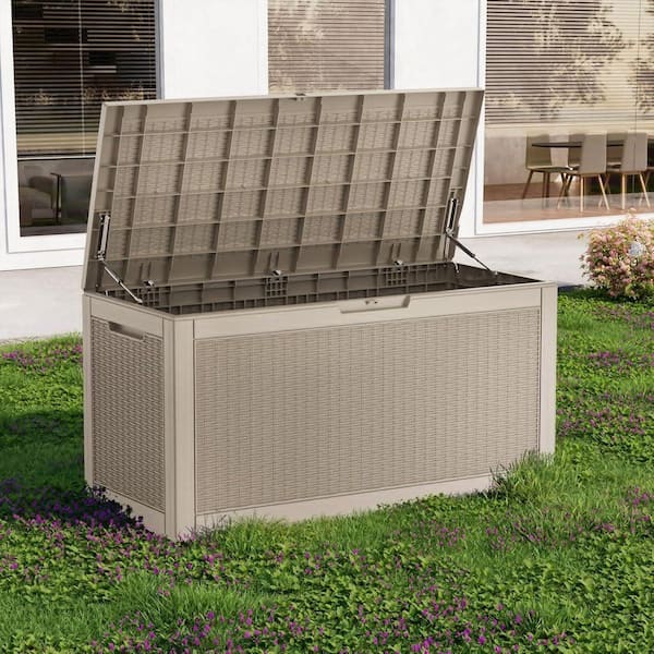 100 Gal. Outdoor Deck Box, Waterproof Lockable Resin Storage Container for Outside Cushions, Garden Tools, Taupe