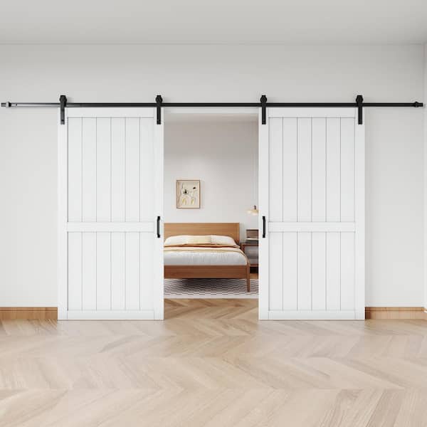 84 in. x 84 in.（Two 42 in. Slabs）WhiteH Style Primed Sliding Barn Door Slab With Soft Close and Hardware Kit
