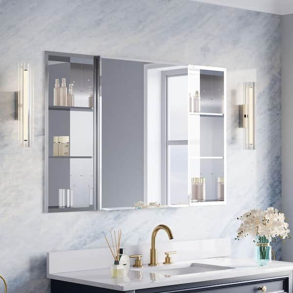 48.1 in. W x 30 in. H Rectangular Aluminum Tri-View Soft-Close Beveled Medicine Cabinet with Mirror/Open Shelf Combo