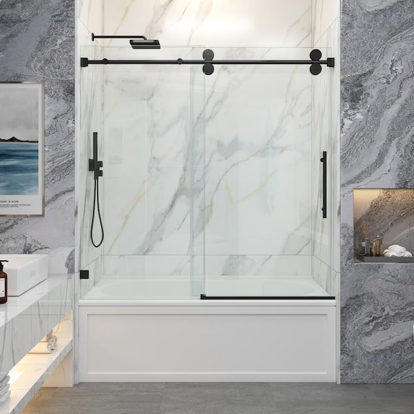 MCOCOD 56-60.5 in. W x 60 in. H Single Sliding Frameless Smooth Sliding Tub Door in Matte Black with 3/8 in. Clear Glass