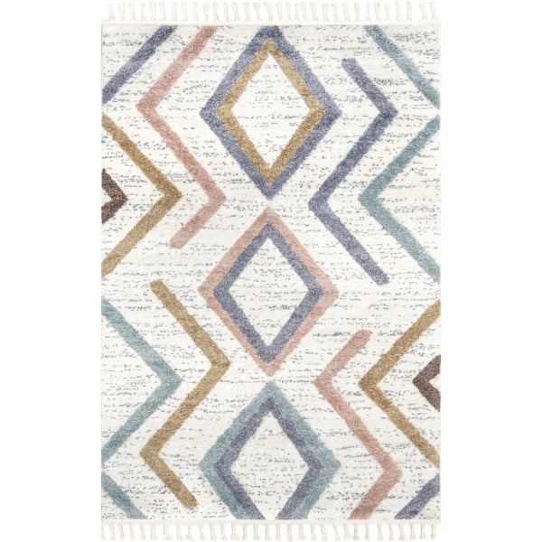 nuLOOM Lillie Abstract Diamond Kids Tassel Area Rug Beige 5' ft. x 8' ft. Area Rug