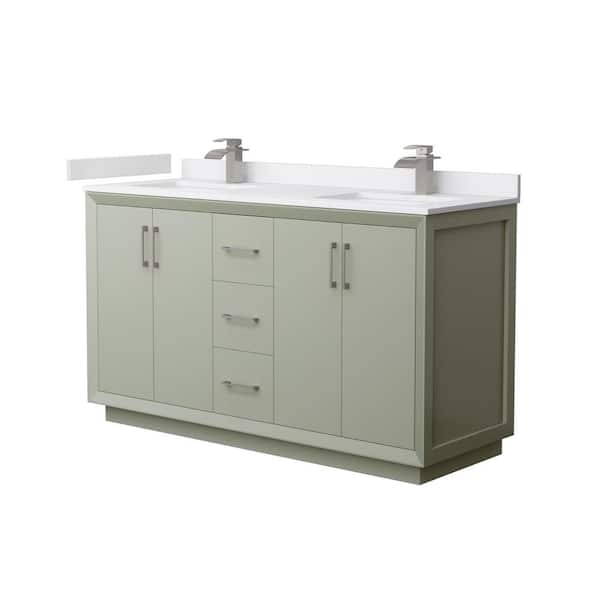 Wyndham Collection Strada 60 in. W x 22 in. D x 35 in. H Double Bath Vanity in Light Green with White Cultured Marble Top