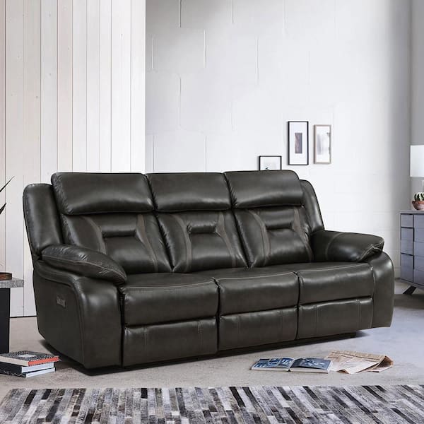 Belmont 86 in. W Straight Arm Faux Leather Upholstery Rectangle Power Double Reclining Sofa in. Dark Gray
