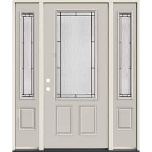 60 in. x 80 in. Right-Hand 3/4 Lite Wendover Decorative Glass Primed Steel Prehung Front Door with Sidelites