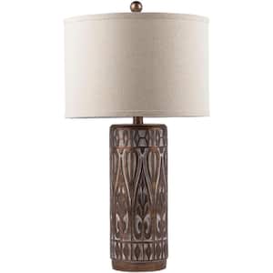Shenfield 26.125 in. Bronze Indoor Table Lamp with Beige Drum Shaped Shade