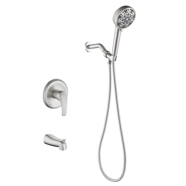FORCLOVER Single Handle 7-Spray Tub and Shower Faucet 2.5 GPM with Tub Spout in. Brushed Nickel Valve Included
