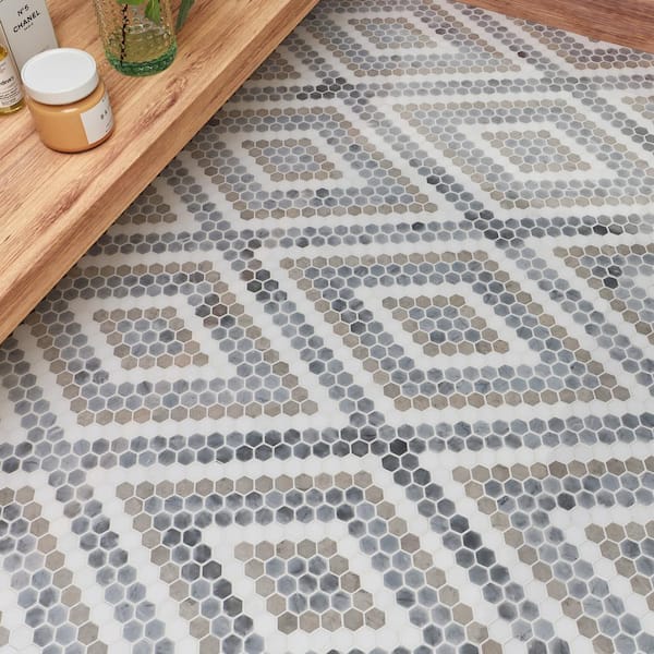 Hyperion Diamond Beige 3.75 in. x 0.39 in. Polished Marble Mosaic Floor and Wall Tile Sample