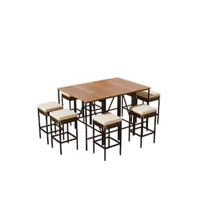 10-Piece Acacia Wood Bar Height Outdoor Dining Set with Beige Cushions