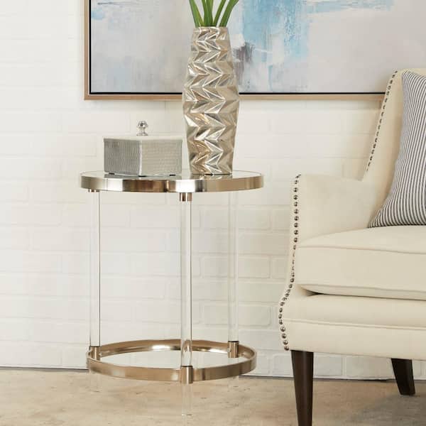 Litton Lane 19 in. Silver Large Round Glass End Accent Table with Mirrored Glass Top