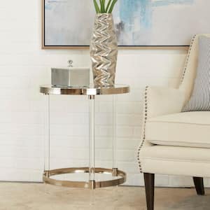 19 in. Silver Large Round Glass End Accent Table with Mirrored Glass Top