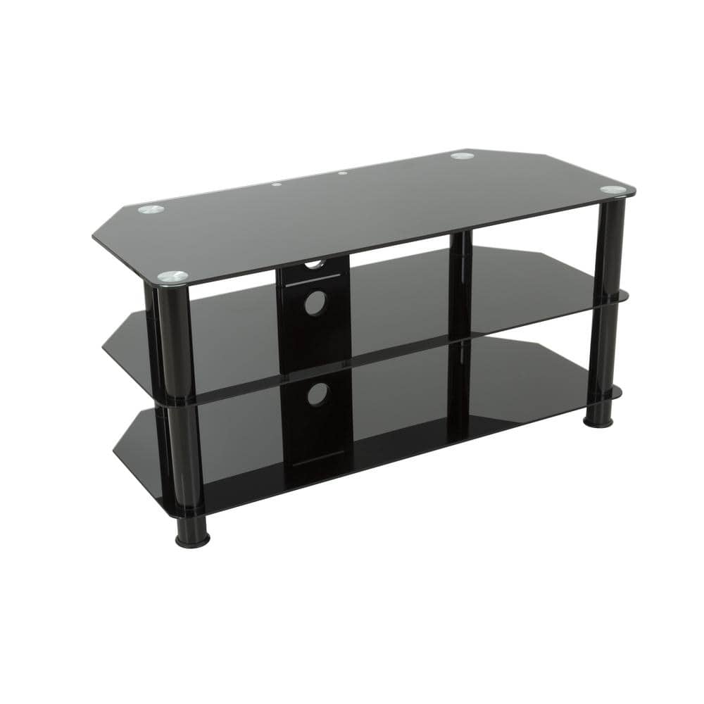 Sleek Black Stainless Steel & Tempered Glass Corner TV Stand