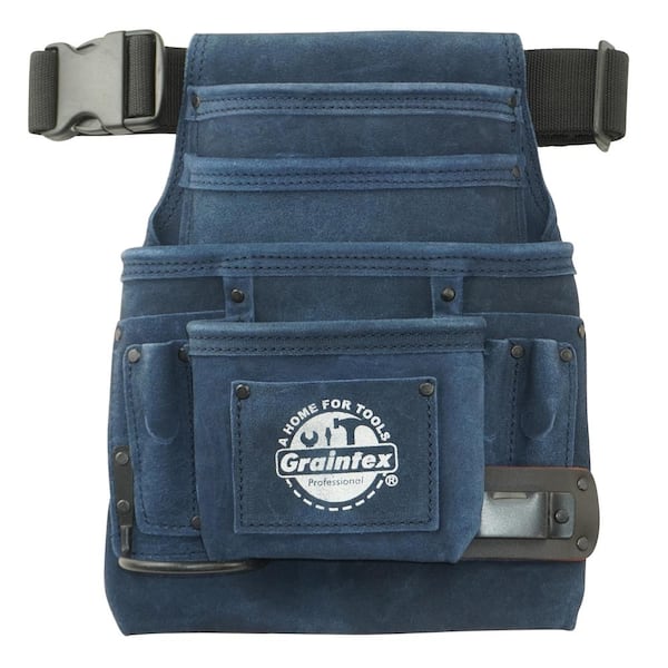 Graintex 10-Pocket Nail and Tool Pouch w/Belt in Navy Blue Suede Leather w/Hammer Holder and Measuring Tape Clip
