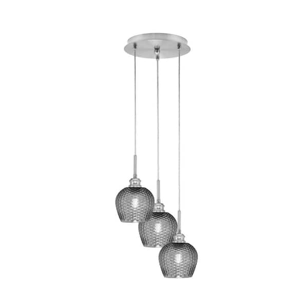 Unbranded Savannah 12.5 in. 3-Light Brushed Nickel Cord Pendant Light Smoke Textured Glass Shade