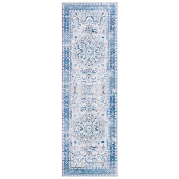 SAFAVIEH Arizona Beige/Blue 3 ft. x 8 ft. Machine Washable Traditional Medallion Runner Rug