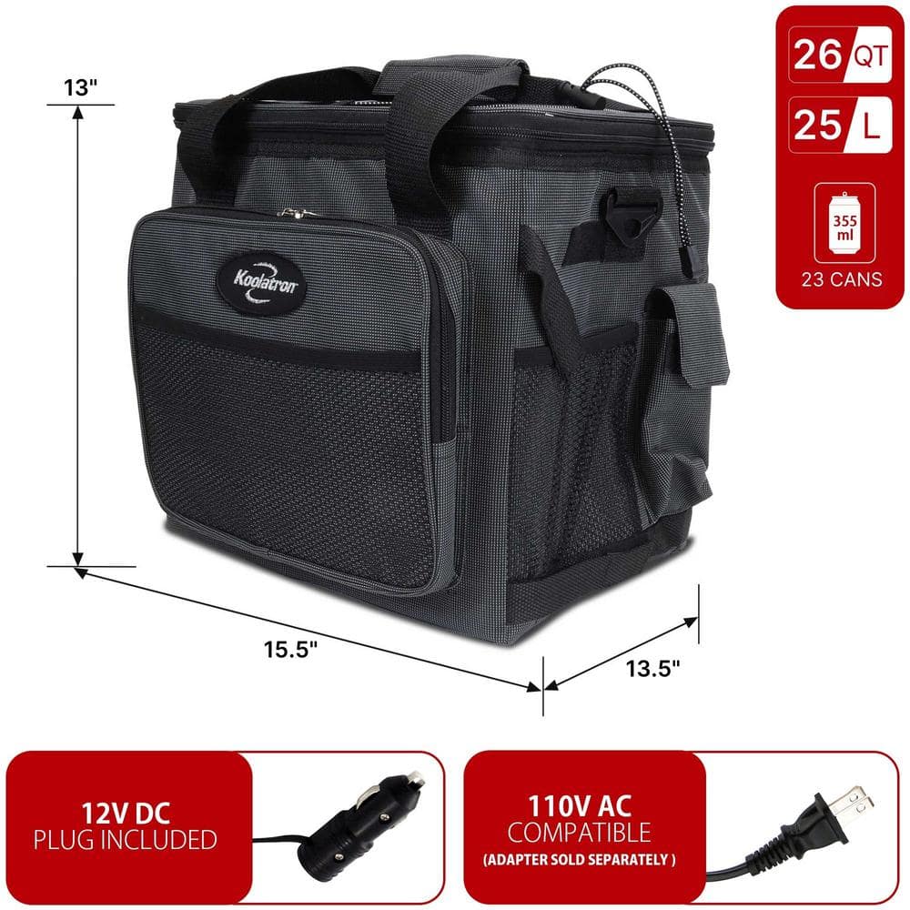 Koolatron 12V Electric Cooler Bag, 25L (26qt.) Collapsible Thermoelectric Soft Bag Cooler, Gray/Black