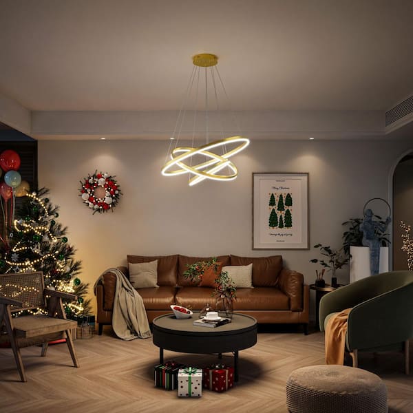 TOZING 31 in. 3-Light Modern Gold Geometric Adjustable Styling Tiered Integrated LED Chandelier for Bedroom and Kitchen Island