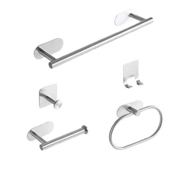 5-Piece Pendant Set 15 in. Wall Mounted Towel Bar in Silver, Non-Perforated Aluminum for Bathroom Multifunctional Set