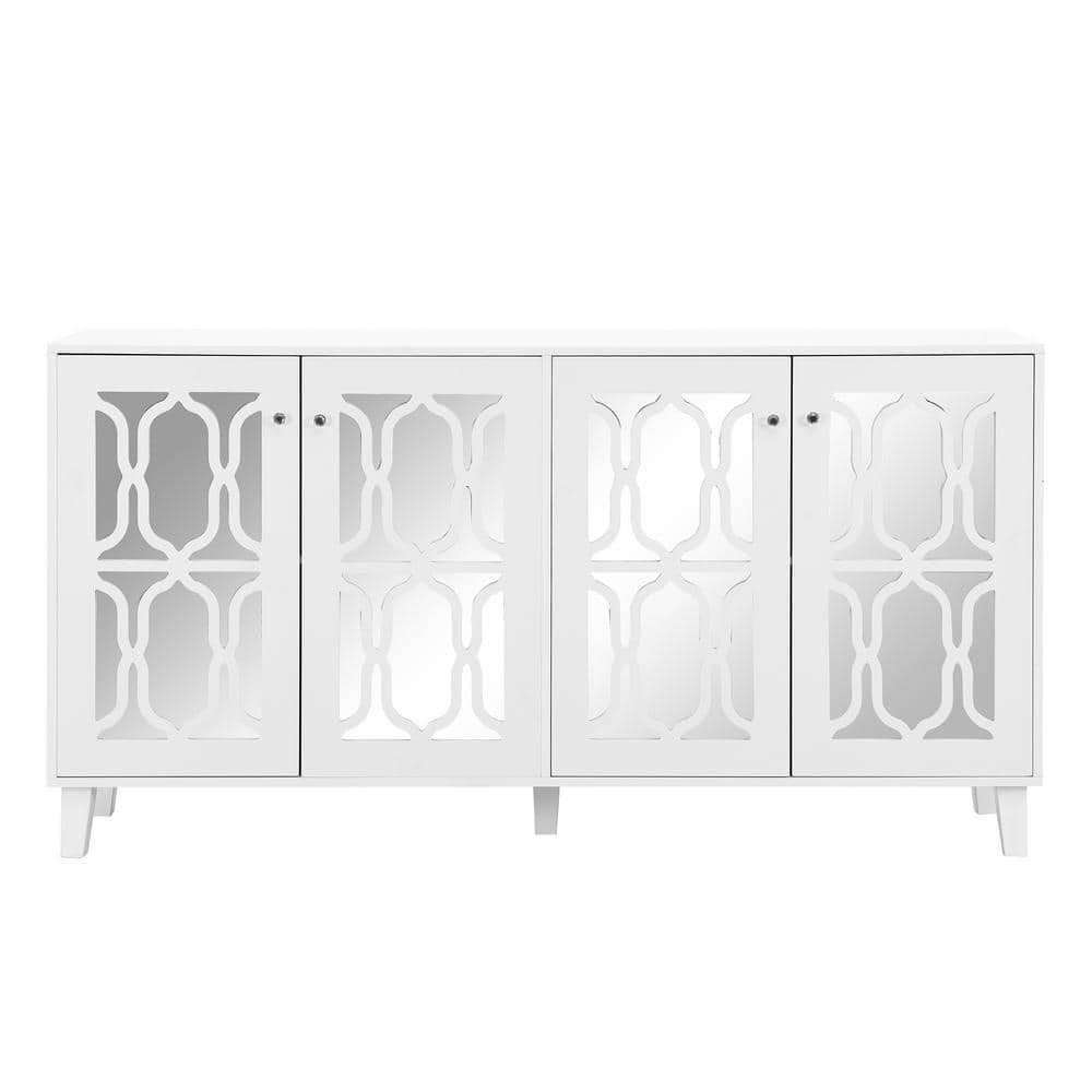 63 in. W x 15.7 in. D x 33.5 in. H White 4-Door Mirror Hollow-Carved Linen 