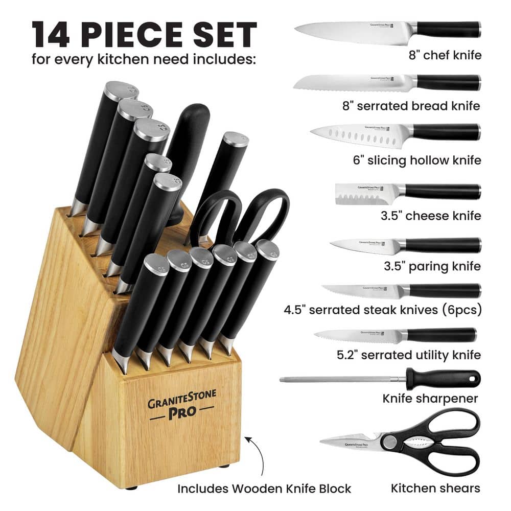 GraniteStone Pro 15-Piece Stainless Steel Knife Set with Wooden Block