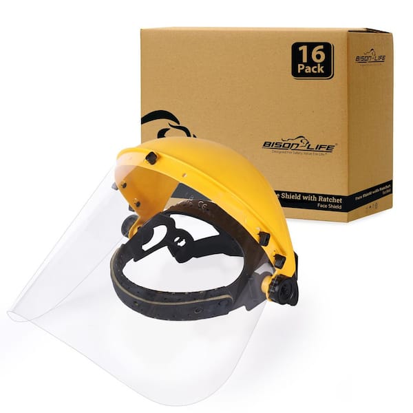 Reusable Protective Headgear Safety Face Shield with Ratchet, Lightweight Polycarbonate Visor, Yellow/Clear (16-Pack)