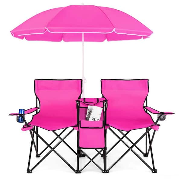 Pink Steel Camping Chairs with Umbrella Table Cooler Beach