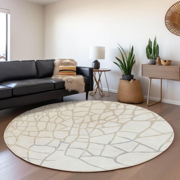 Mayfield Premium Machine Washable Abstract AMF1049 Ivory 8 ft. x 8 ft. Round Rug