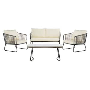 Benjin Gray 4-Piece Wicker Patio Conversation Set with White Cushions