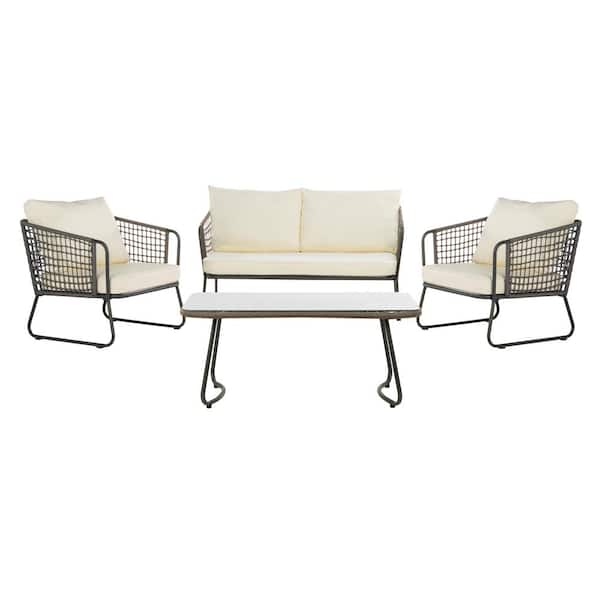 SAFAVIEH Benjin Gray 4-Piece Wicker Patio Conversation Set with White Cushions