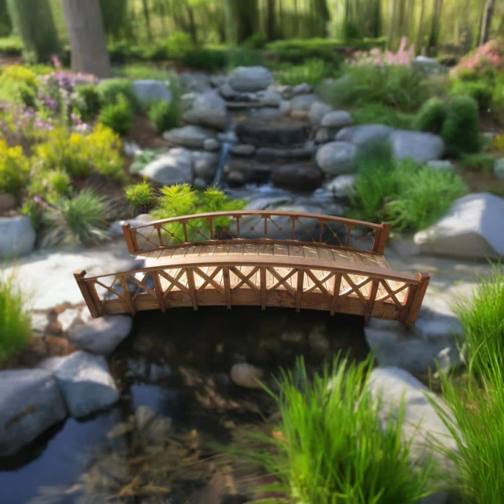 Gracefully Arched Wooden Garden Bridge with Lattice Railing