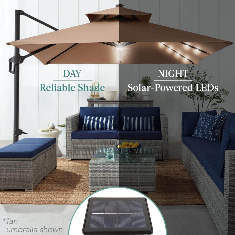 Burgundy 10x10ft 2-Tier Solar LED Cantilever Patio Umbrella with Base