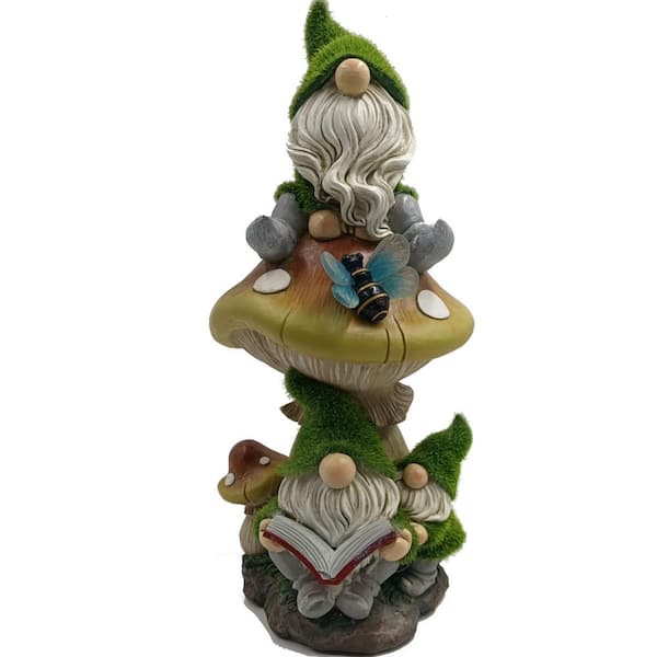 Unbranded Solar 12 in. Bearded Grassy Gnome Pair with Mushroom in Green/White