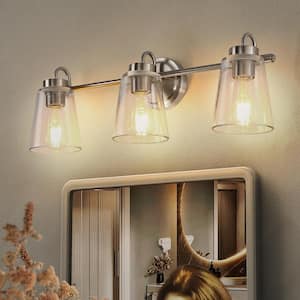 24 in. 3-Light Nickel Modern Bell Vanity Light for Bathroom Mirror with Clear Glass Shades