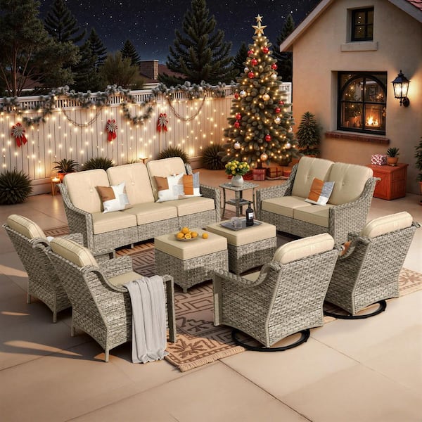 Eureka Gray 9-Piece Wicker Modern Outdoor Patio Conversation Sofa Seating Set with Swivel Chairs and Beige Cushions