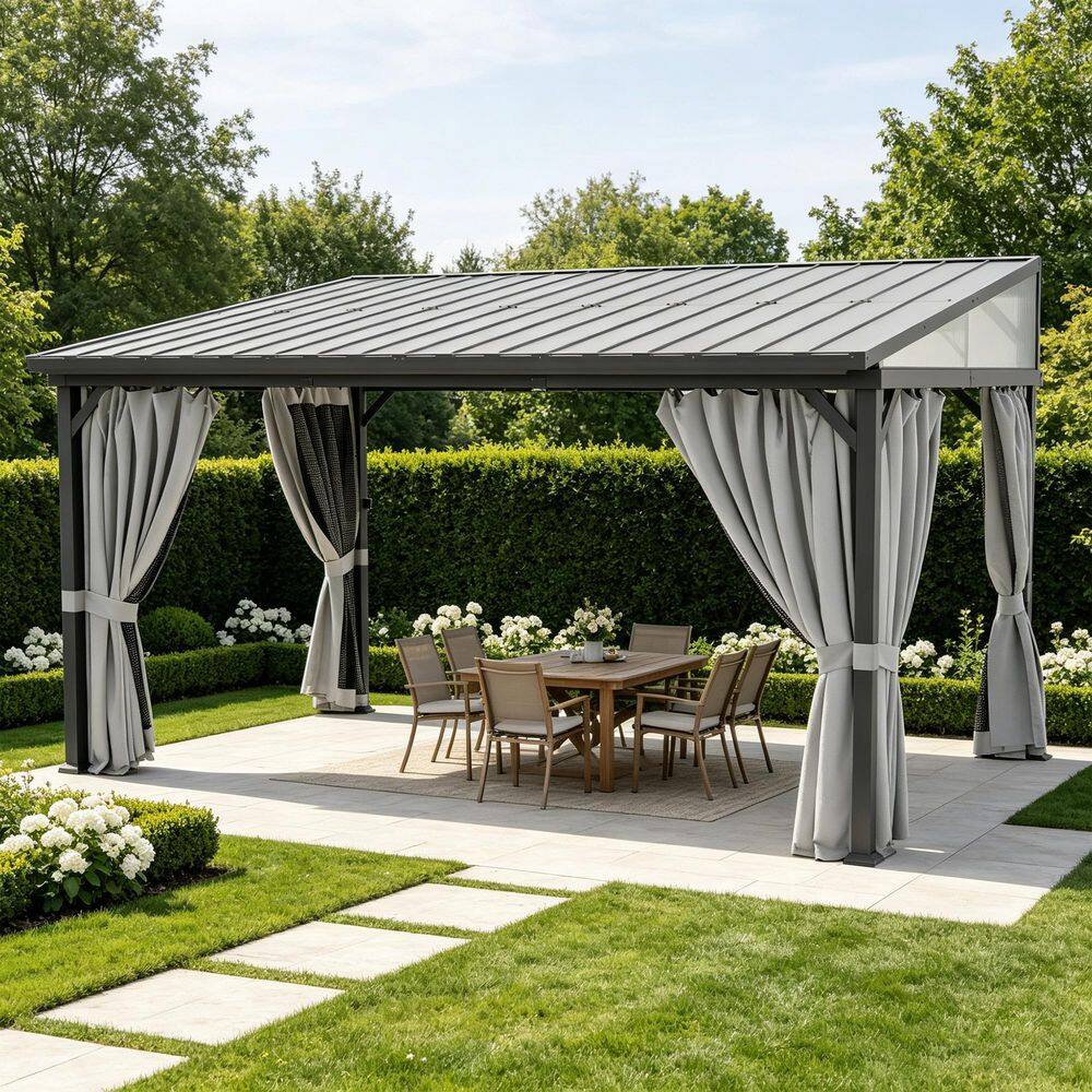 14 ft. x 10 ft. Outdoor Patio Steel Frame Slope Roof Gazebo with Mosquito Net and Curtains price history on PriceWatchPro