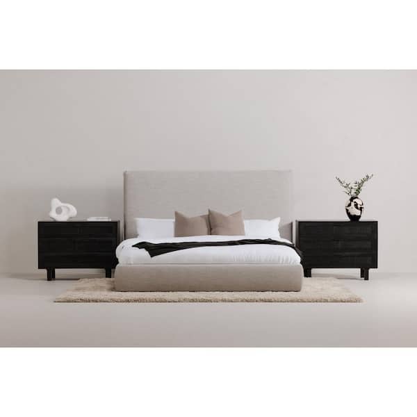 Keaton Light Gray Solid Pine Frame King Platform Bed with Linen Blend Upholstery and Tall Foam Headboard