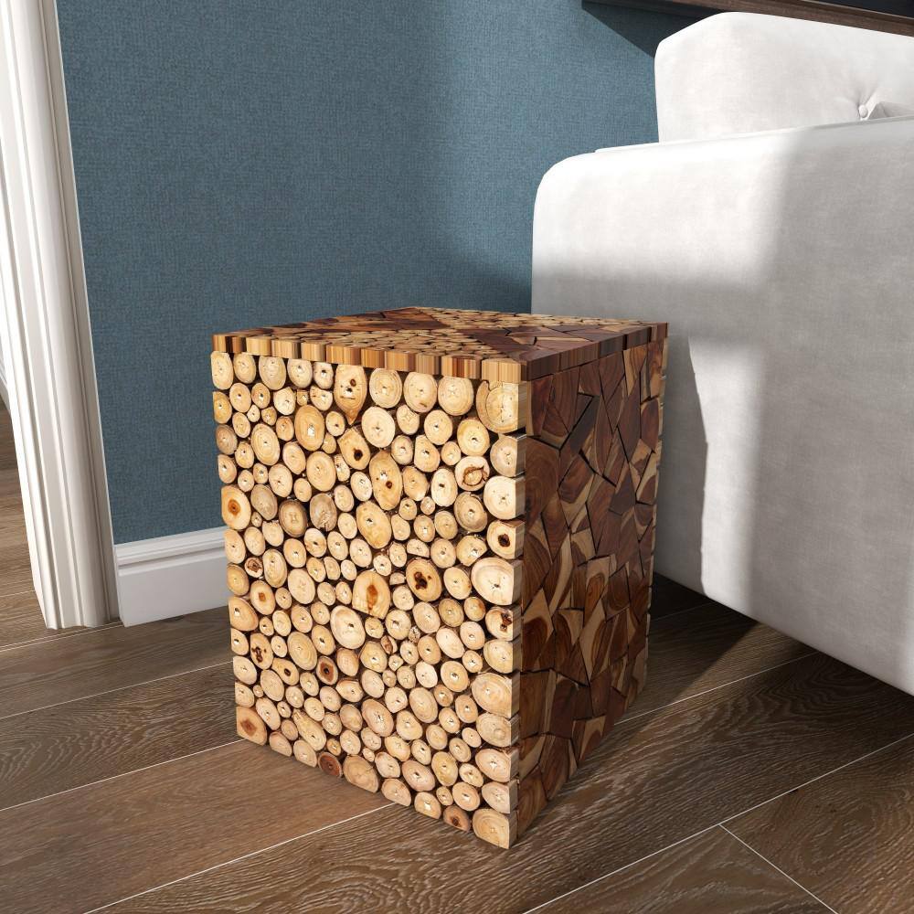Handcrafted 14" Brown Teak Wood Mosaic Accent Table