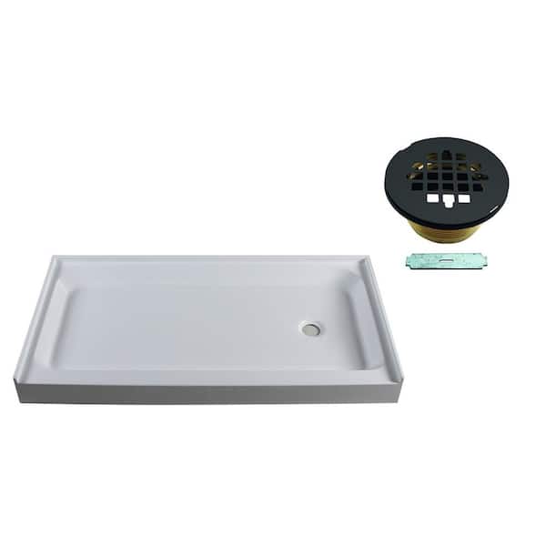 60 in. x 34 in. Single Threshold Alcove Shower Pan Base with Right Hand Brass Drain in Matte Black