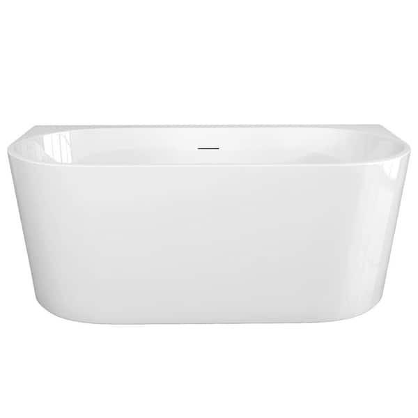 59 in. x 29.53 in. Freestanding Soaking Tub Back-to-Wall Flatbottom Walkin Bathtub Center Chrome Drain in White