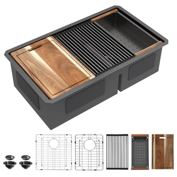 33 in. Undermount Double Bowl Kitchen Sink Workstation-Gunmetal Black 16 Gauge 304 Stainless Steel, 60/40 Split Basin