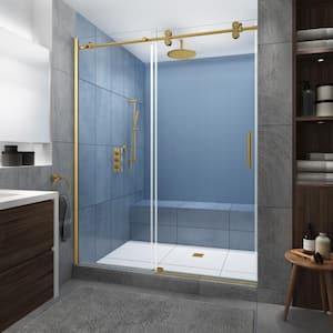 Langham XL 52 in. - 56 in. x 80 in. Frameless Sliding Shower Door with StarCast Clear Glass in Brushed Gold, Right Hand