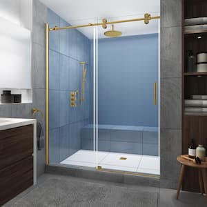 Langham XL 60 in. - 64 in. x 80 in. Frameless Sliding Shower Door with StarCast Clear Glass in Brushed Gold, Right Hand