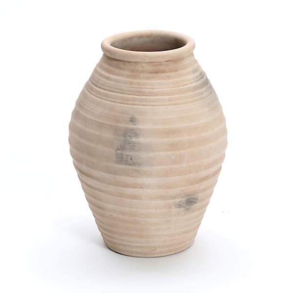 LuxenHome 13.2 in. Rustic Brown Ribbed Terracotta Urn Vase