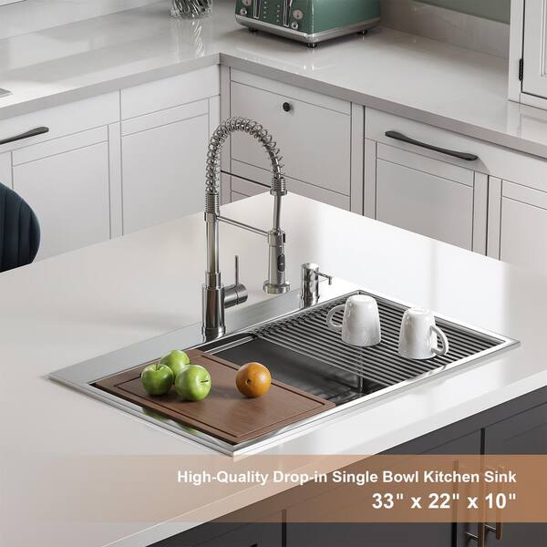 33” Workstation Kitchen Sink Drop-In Top Mount Stainless Steel Single Bowl  with WorkFlow™ Ledge and Accessories in Stainless Steel 95A932-33S-SS